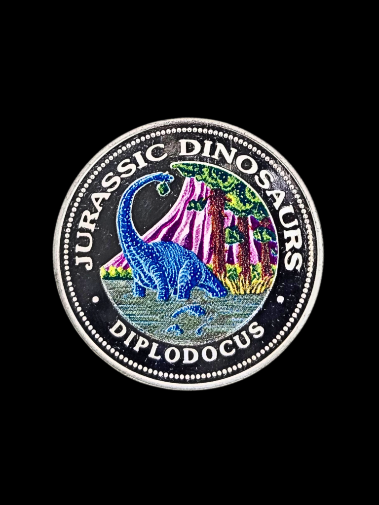 1993 Jurassic Dinosaurs - Diplodocus (coloured) .999 Silver Coin