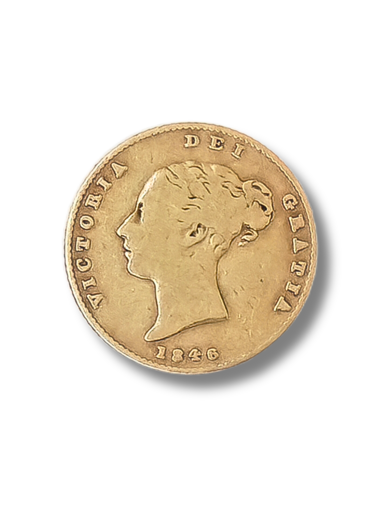 1846 Half Sovereign. Crowned Shield. Young Queen Victoria. Reeded edge.