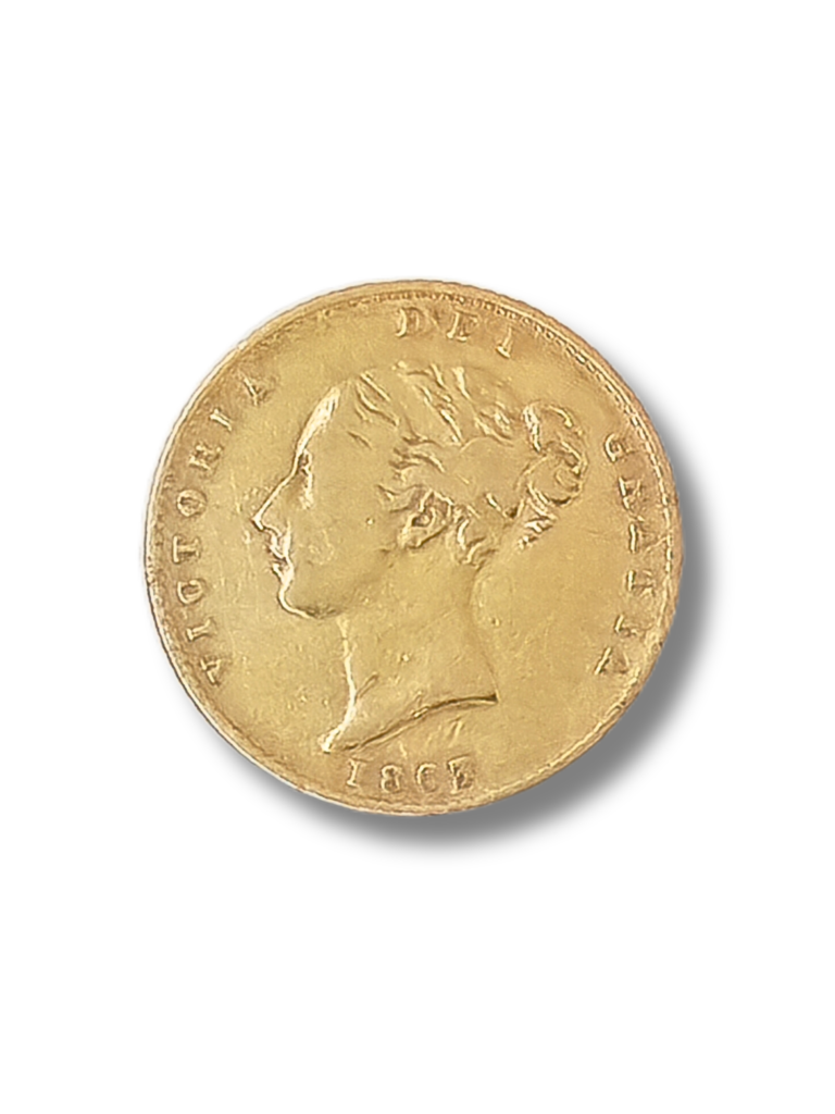 1863 Half Sovereign. Crowned Shield. Young Queen Victoria. Reeded edge.