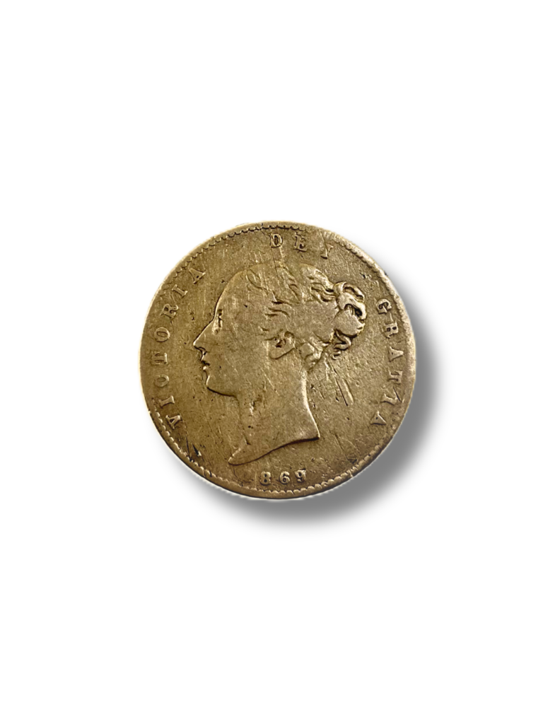 1869 Half Sovereign. Crowned Shield. Young Queen Victoria. Reeded edge – Sydney Mint.