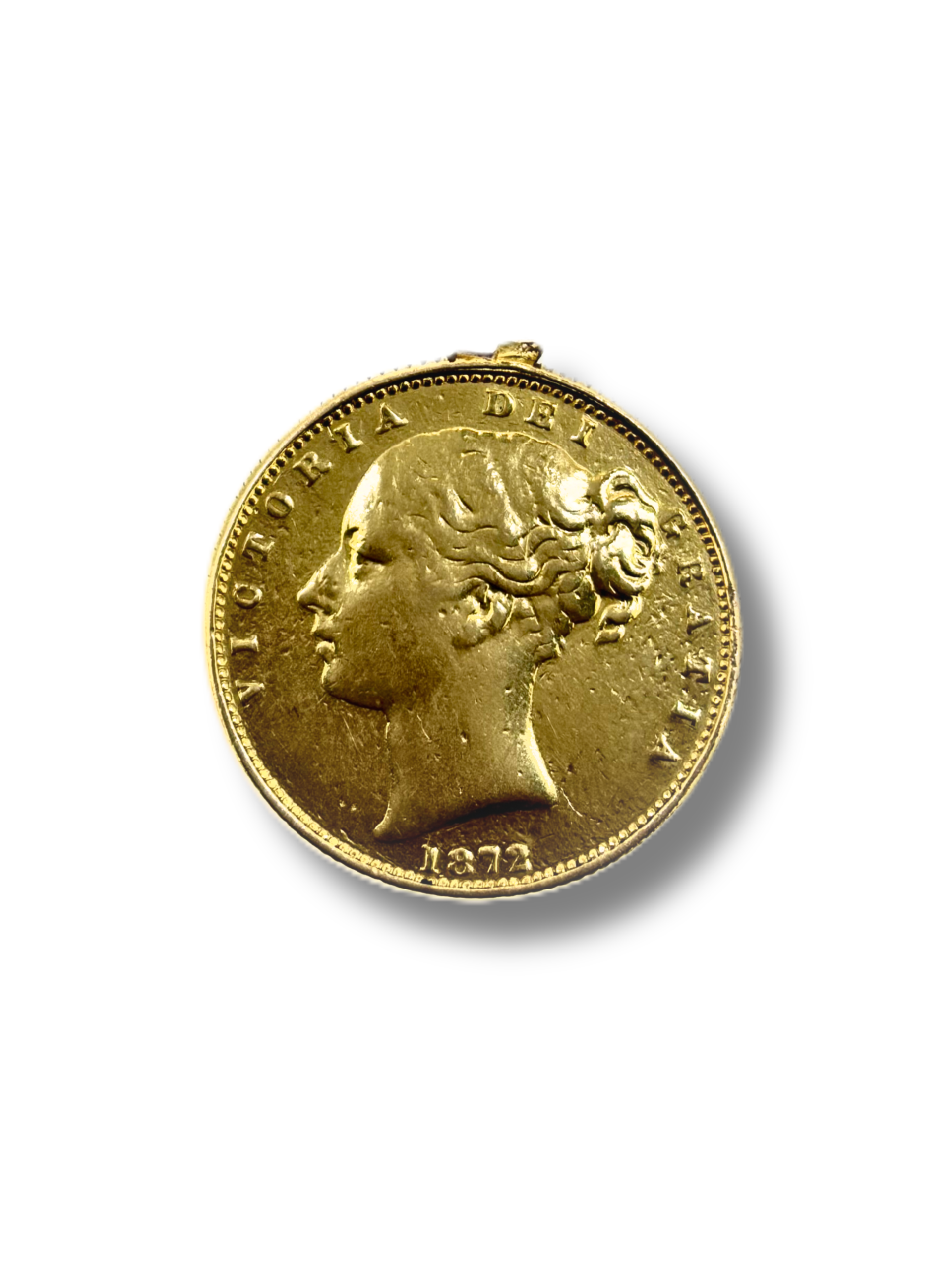 1872 Sovereign. Crowned Shield. Young Queen Victoria. Reeded edge. (M)