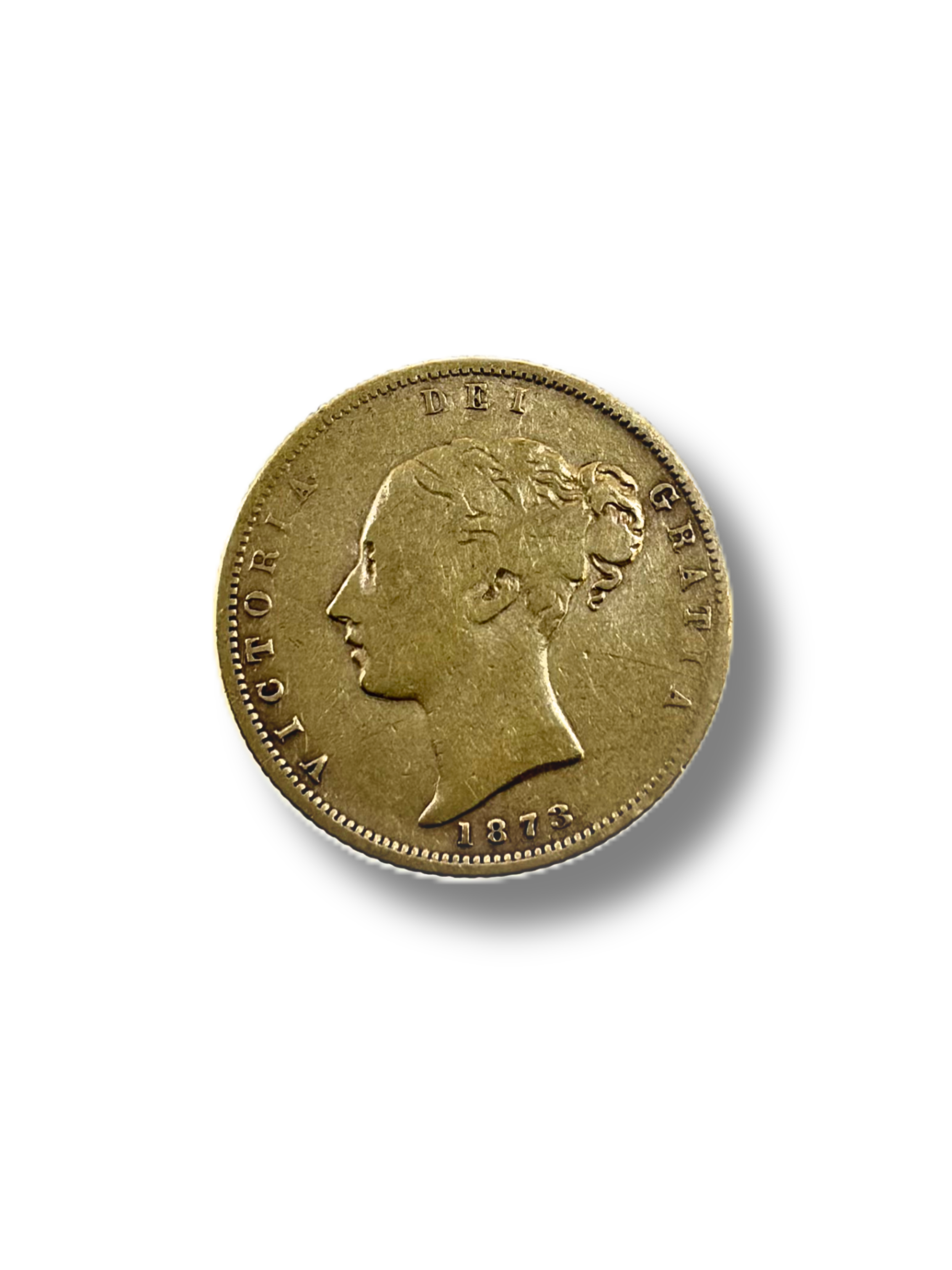 1873 Half Sovereign. Crowned Shield. Young Queen Victoria. Reeded edge – Melbourne Mint.