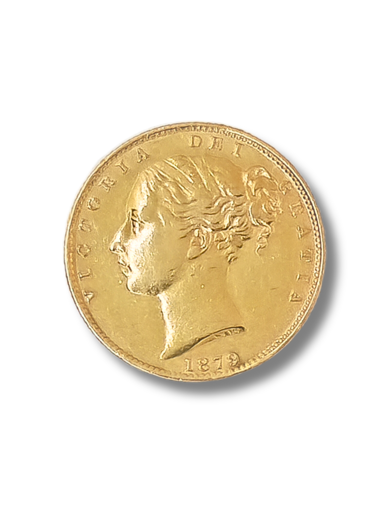 1879 Sovereign. Crowned Shield. Young Queen Victoria. Reeded edge – Sydney Mint.