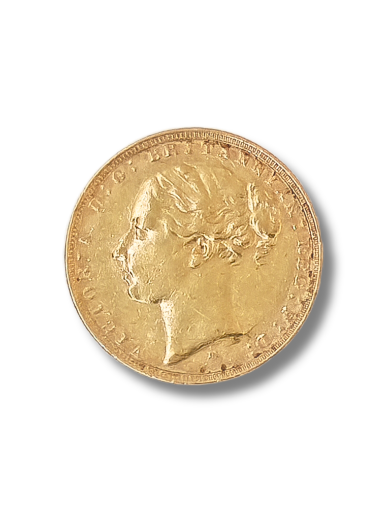 1884 Sovereign. St. George slaying the dragon. Young Queen Victoria. Reeded edge – Melbourne Mint.