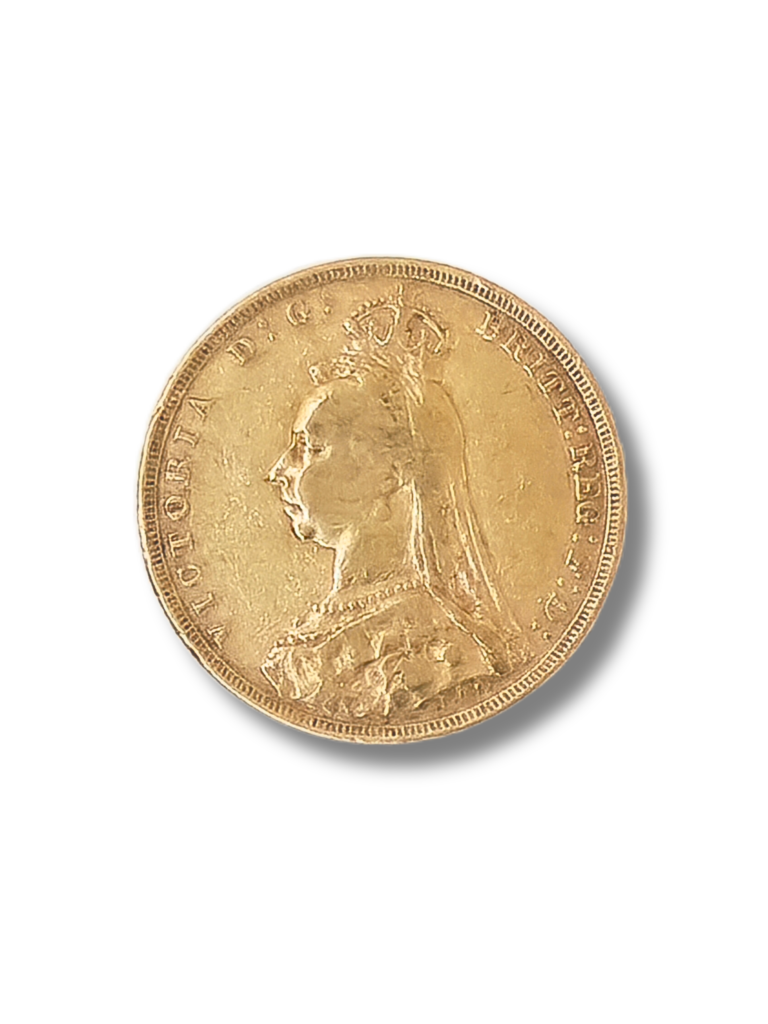 1892 Sovereign. St. George slaying the dragon. Jubilee Queen Victoria. Reeded edge. (Royal Mint)