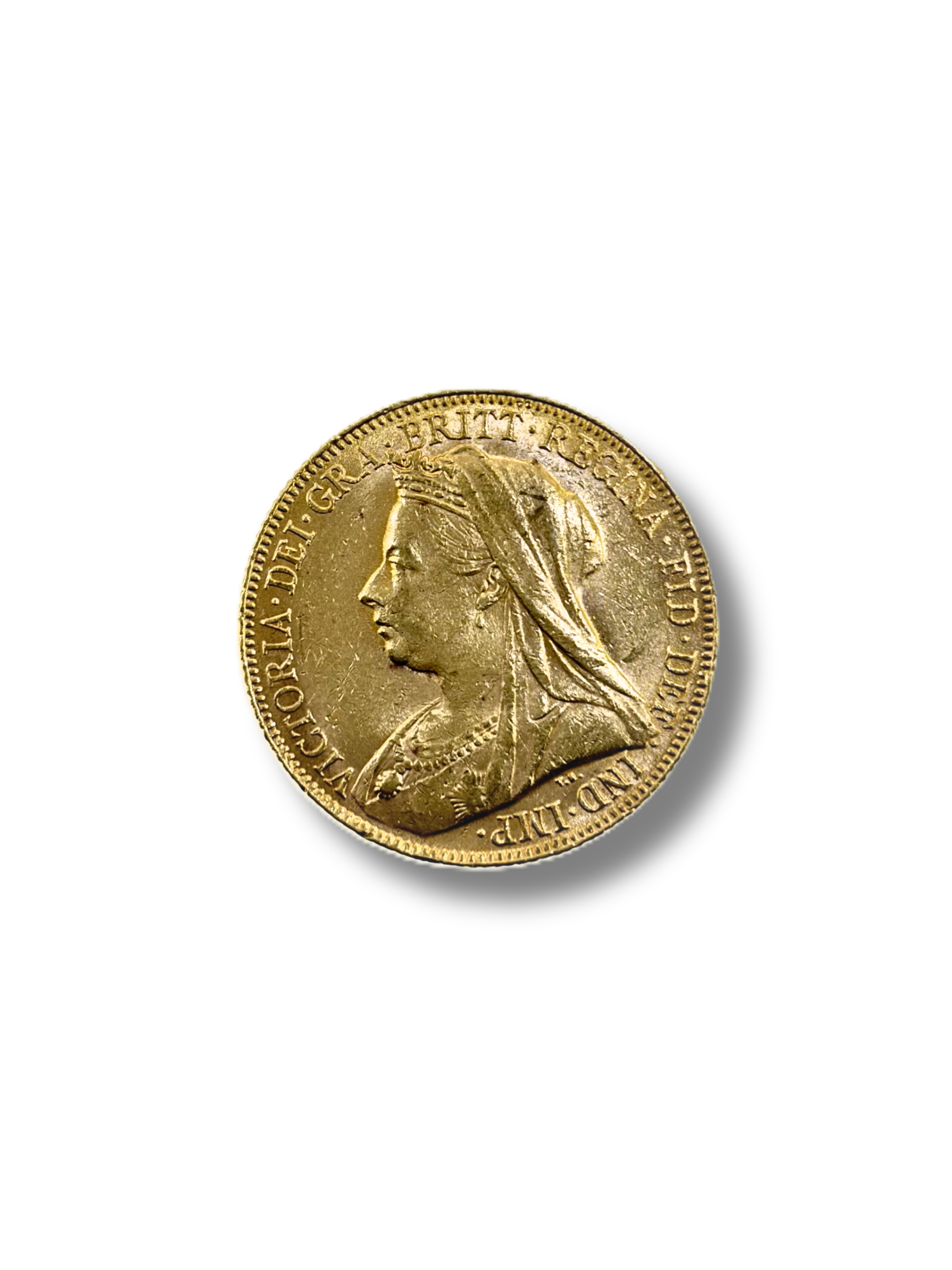 1900 Sovereign. St. George slaying the dragon. Older Veiled head Queen Victoria. Reeded edge – Perth Mint.