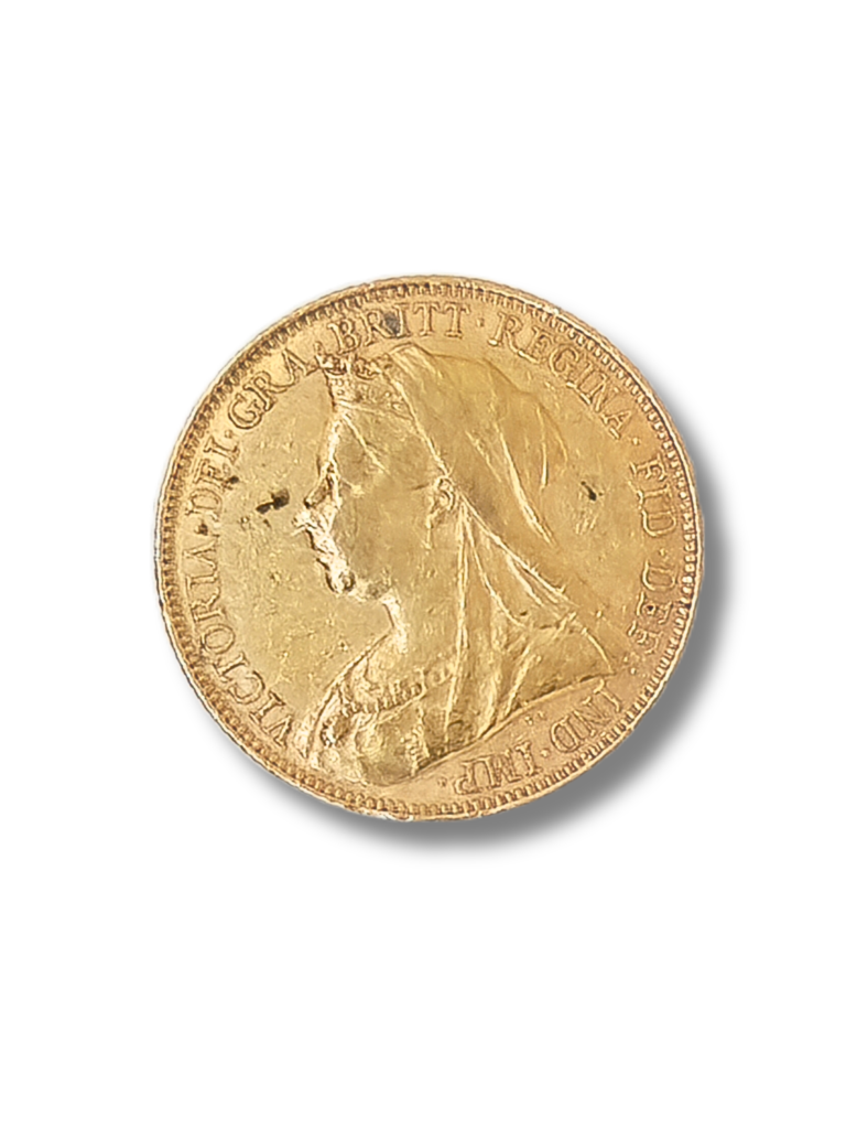 1901 Sovereign. St. George slaying the dragon. Older Veiled head Queen Victoria. Reeded edge – Sydney Mint.